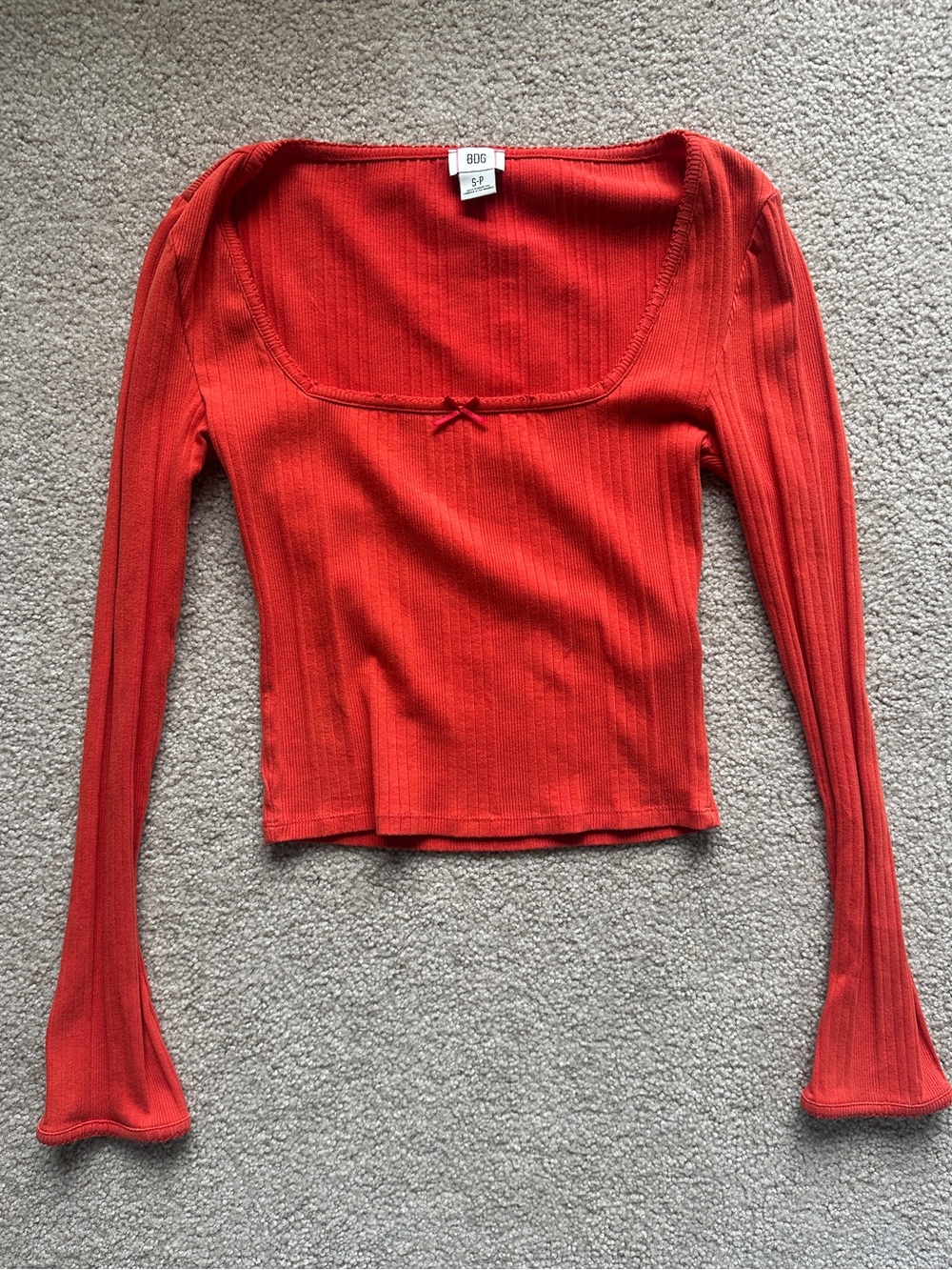 BDG Orange Ribbed Long-Sleeve Square-Neck Top with Bow